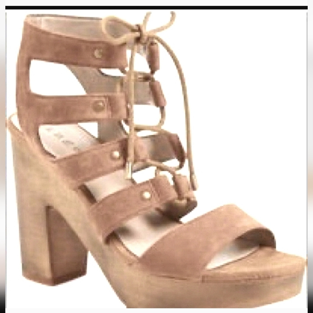Hinge Skylar chestnut suede leather platform heels sandals clogs strappy